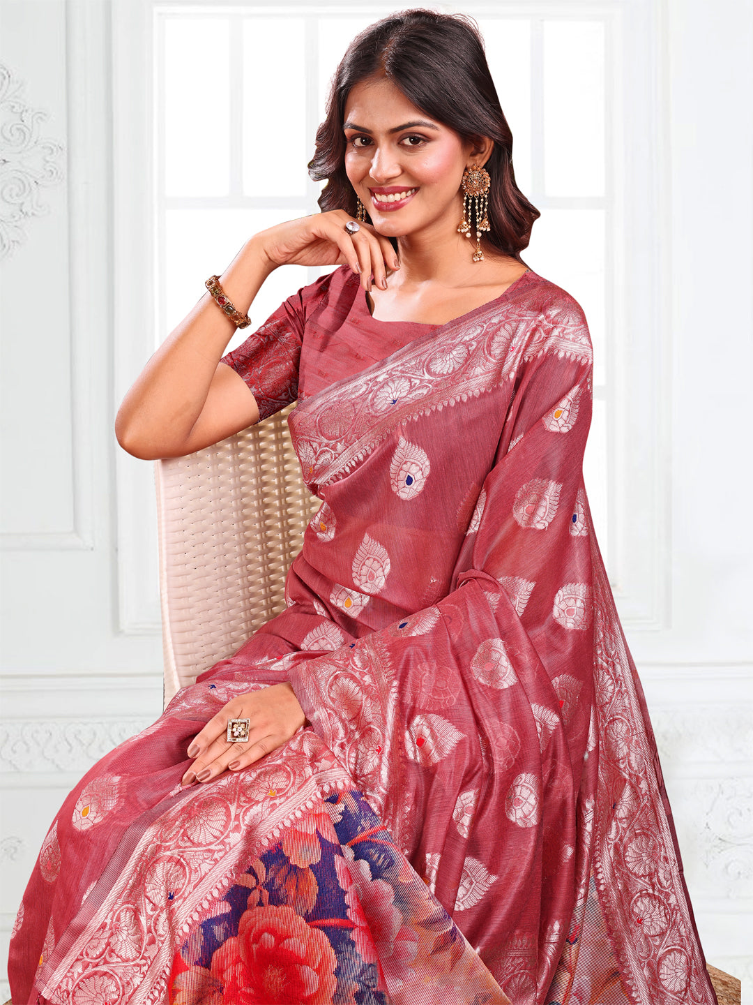 Astita Rust Floral Linen Cotton Saree with Zari Border & Digital Printed Pallu β Elegant Sari for Festive Occasions