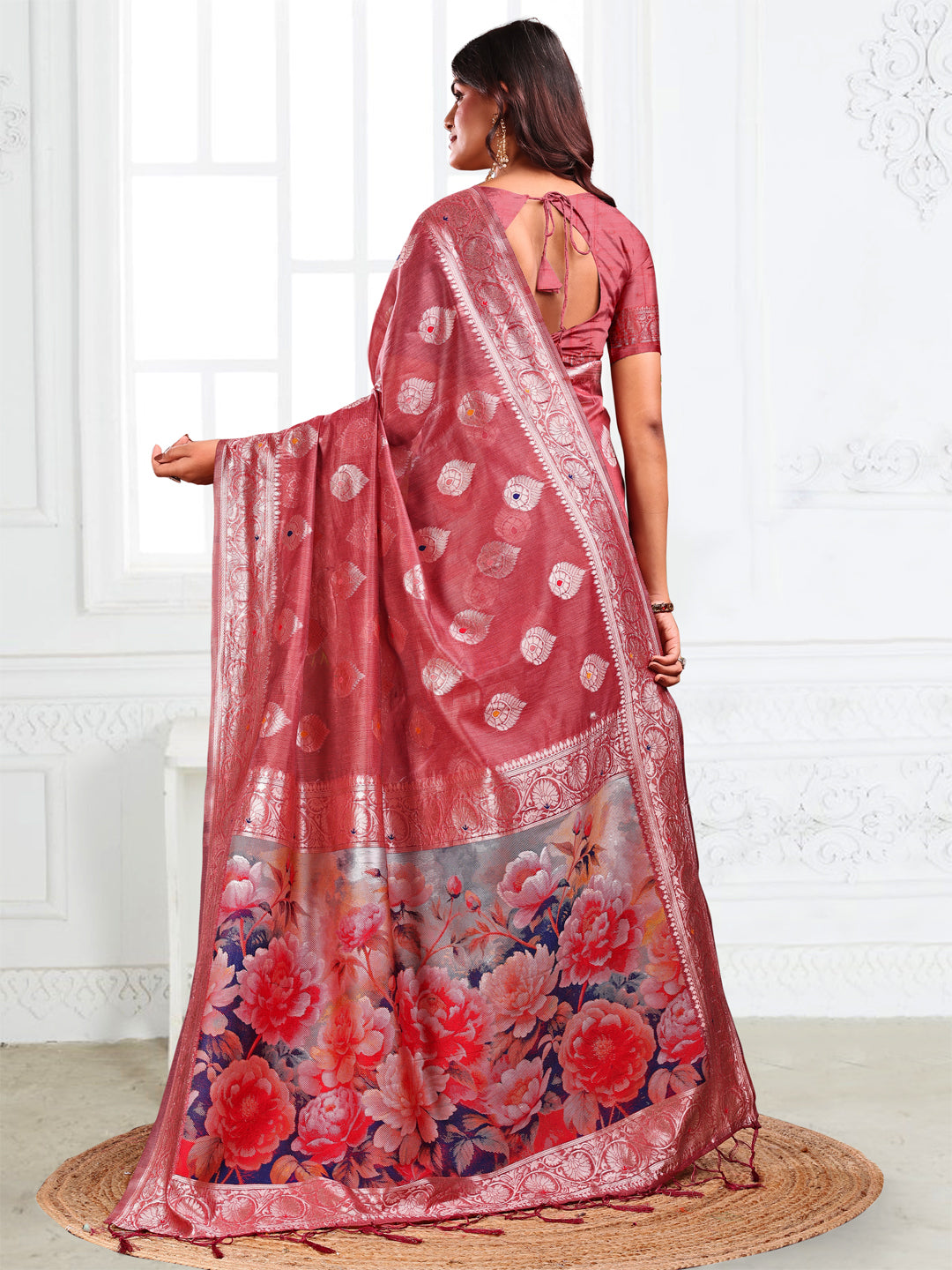 Astita Rust Floral Linen Cotton Saree with Zari Border & Digital Printed Pallu β Elegant Sari for Festive Occasions