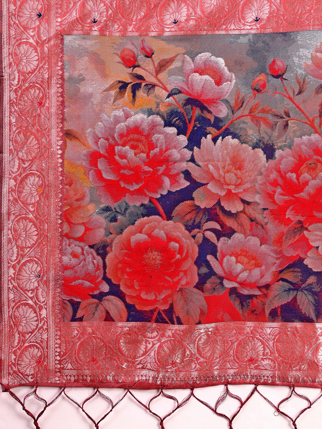 Astita Rust Floral Linen Cotton Saree with Zari Border & Digital Printed Pallu β Elegant Sari for Festive Occasions
