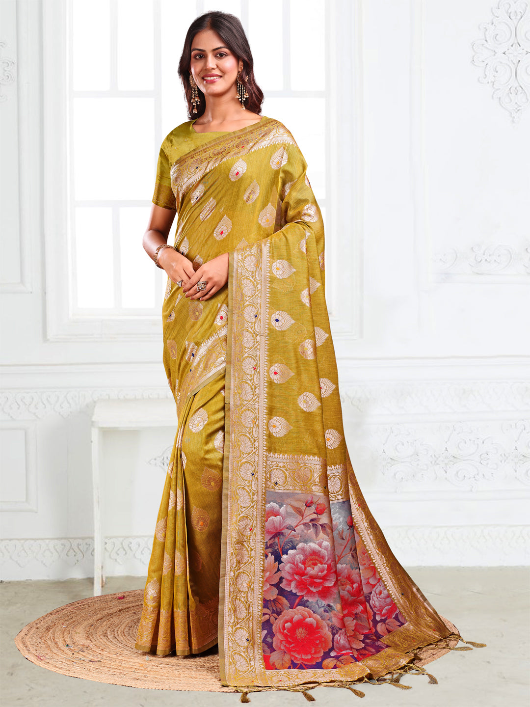 Astita Mhendi Green Floral Linen Cotton Saree with Zari Border & Digital Printed Pallu – Elegant Sari for Festive Occasions