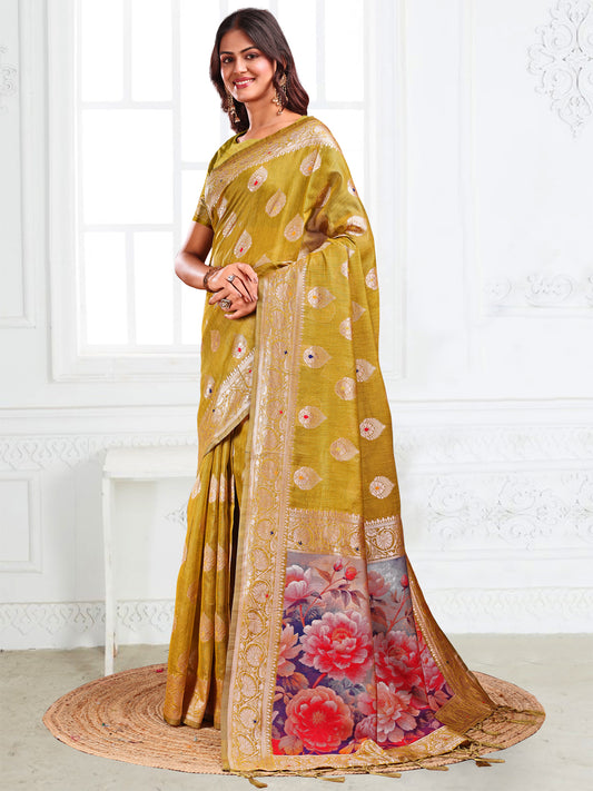 Astita Mhendi Green Floral Linen Cotton Saree with Zari Border & Digital Printed Pallu – Elegant Sari for Festive Occasions
