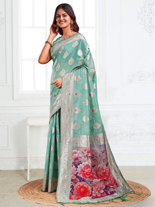 Astita Rama Green Floral Linen Cotton Saree with Zari Border & Digital Printed Pallu – Elegant Sari for Festive Occasions