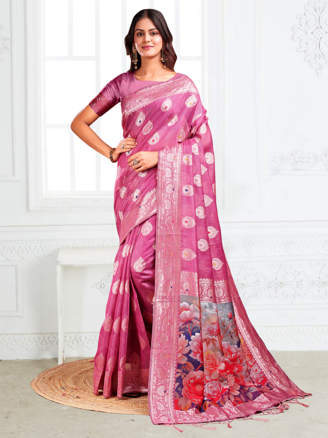 Astita Rose Pink Floral Linen Cotton Saree with Zari Border & Digital Printed Pallu – Elegant Sari for Festive Occasions