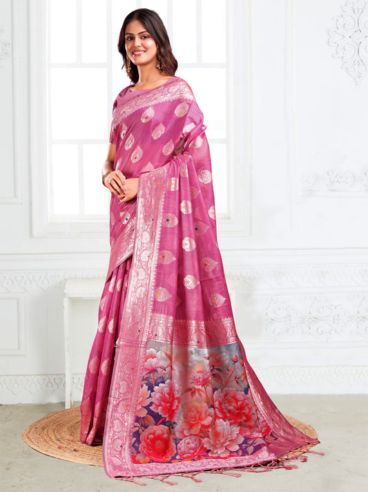 Astita Rose Pink Floral Linen Cotton Saree with Zari Border & Digital Printed Pallu – Elegant Sari for Festive Occasions