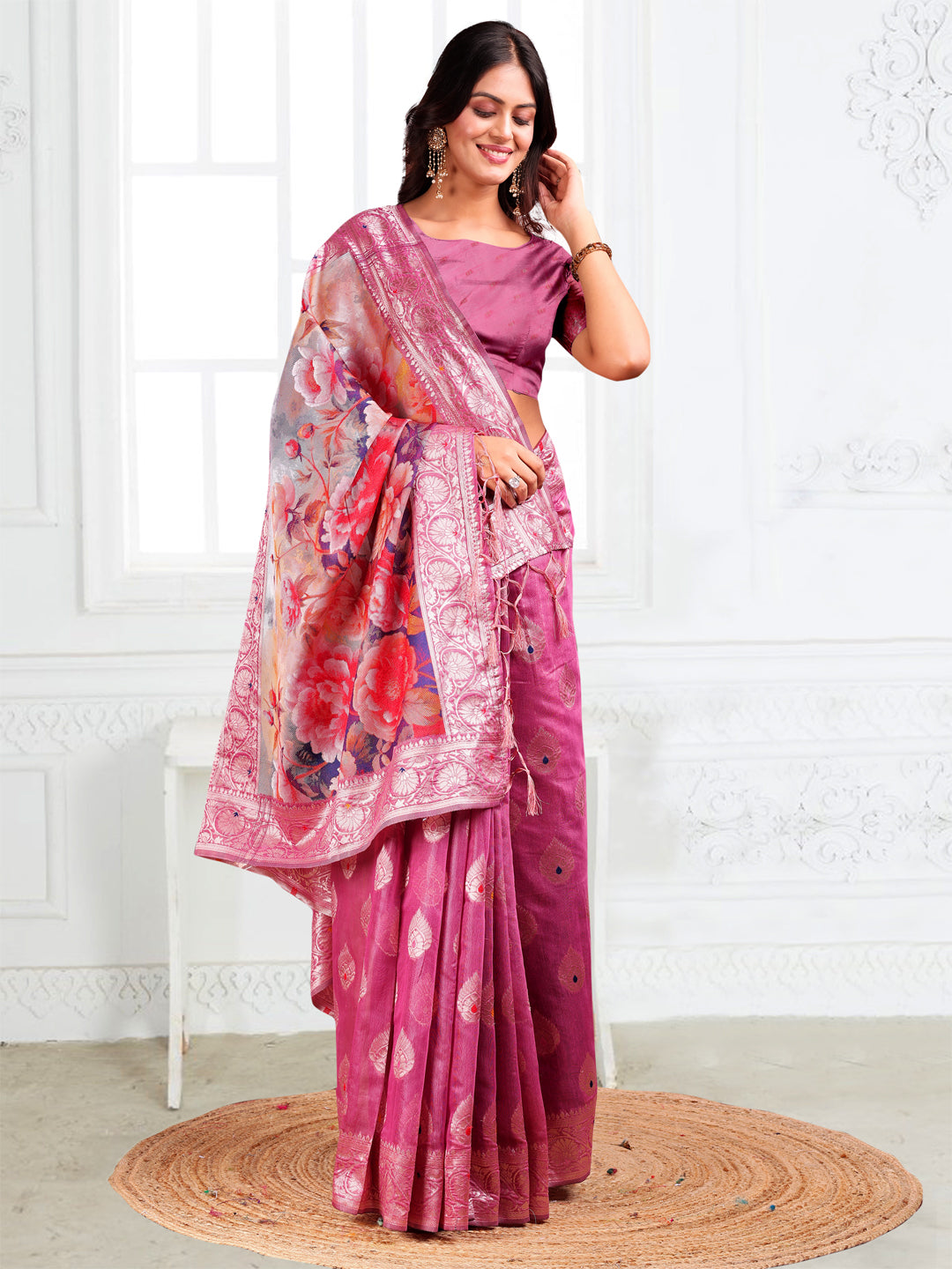 Astita Rose Pink Floral Linen Cotton Saree with Zari Border & Digital Printed Pallu – Elegant Sari for Festive Occasions