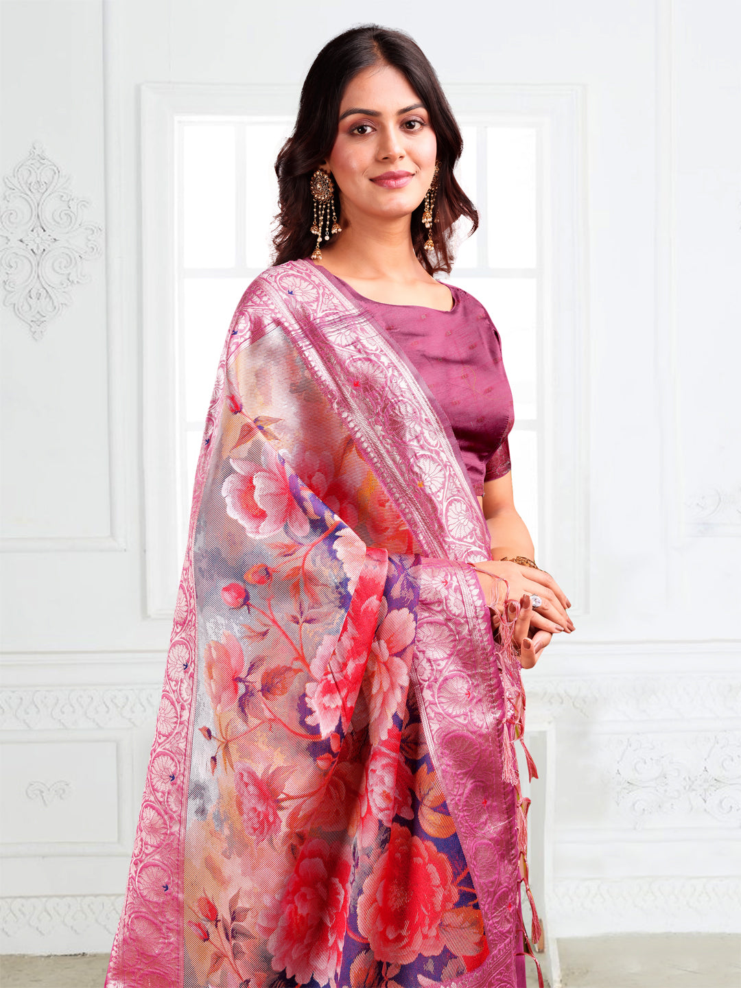 Astita Rose Pink Floral Linen Cotton Saree with Zari Border & Digital Printed Pallu – Elegant Sari for Festive Occasions