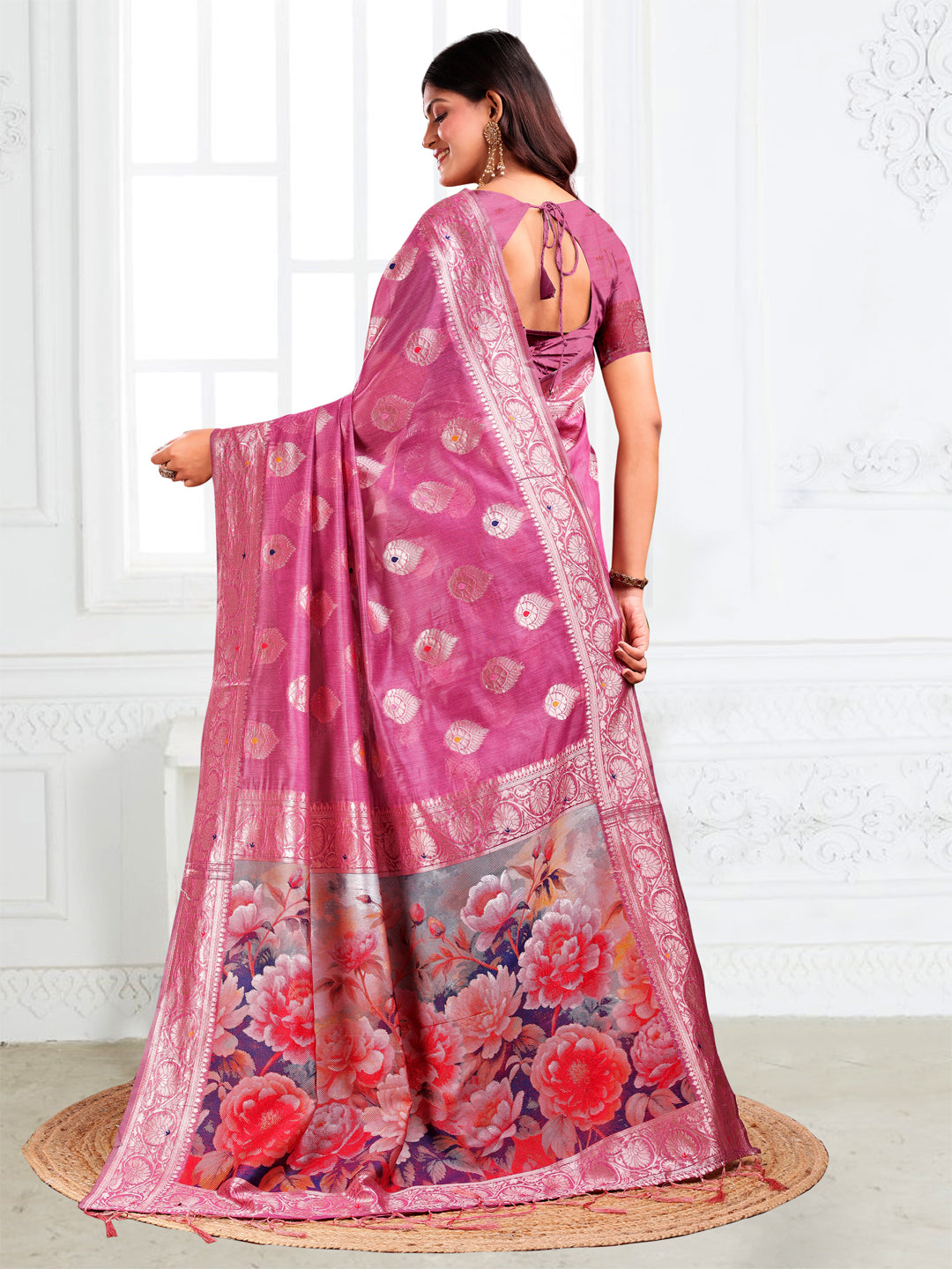 Astita Rose Pink Floral Linen Cotton Saree with Zari Border & Digital Printed Pallu – Elegant Sari for Festive Occasions