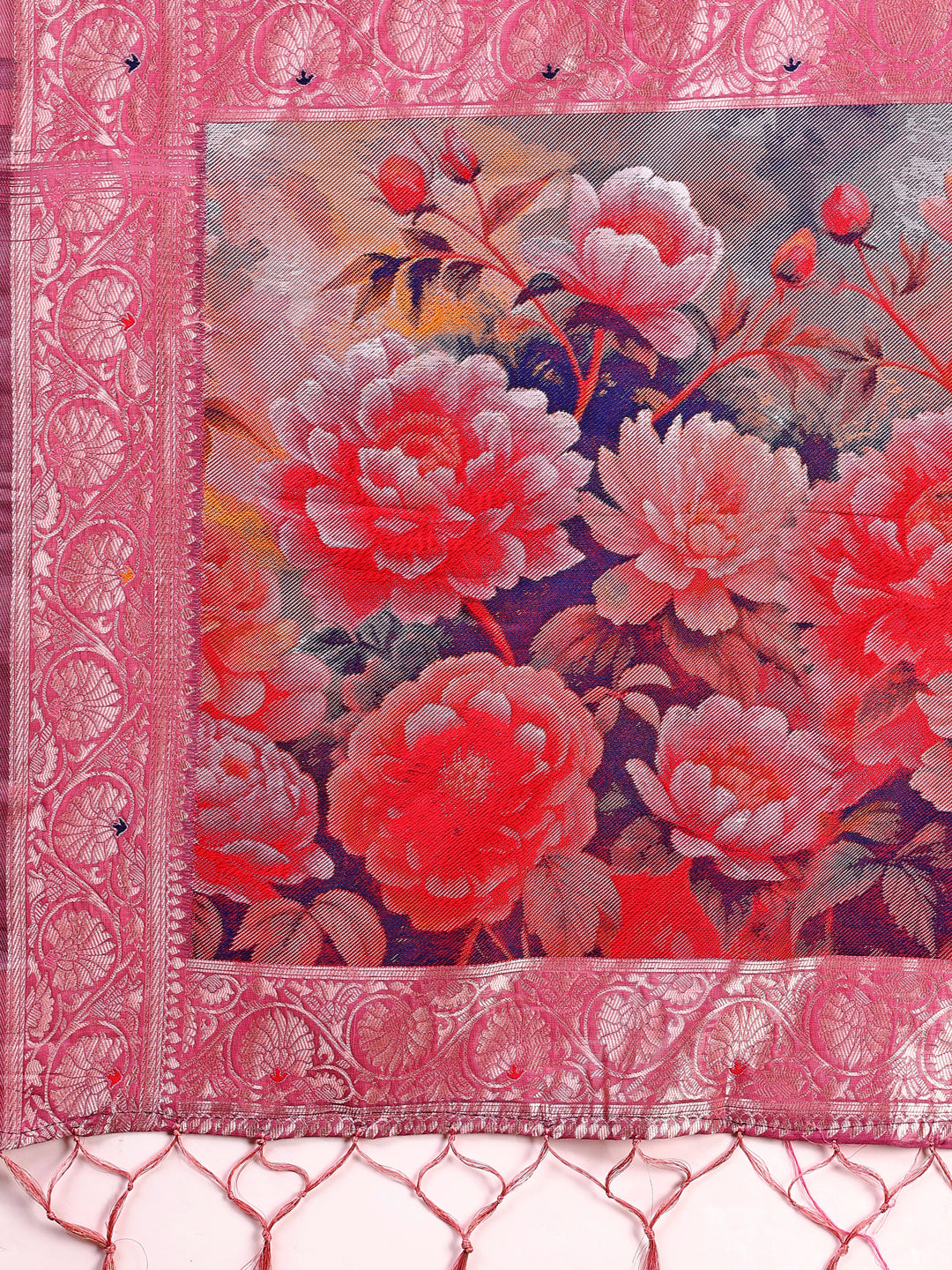 Astita Rose Pink Floral Linen Cotton Saree with Zari Border & Digital Printed Pallu – Elegant Sari for Festive Occasions