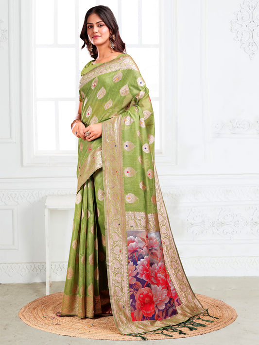 Astita Green Floral Linen Cotton Saree with Zari Border & Digital Printed Pallu – Elegant Sari for Festive Occasions