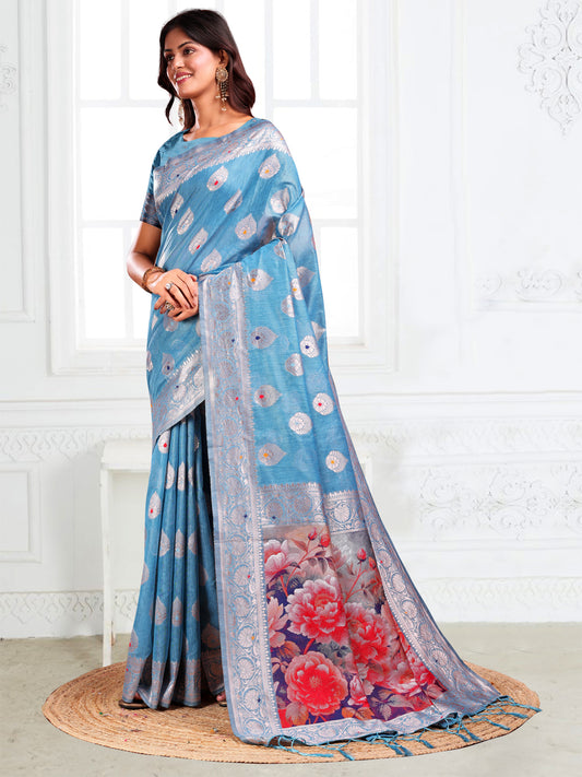 Astita Sky Blue Floral Linen Cotton Saree with Zari Border & Digital Printed Pallu – Elegant Sari for Festive Occasions