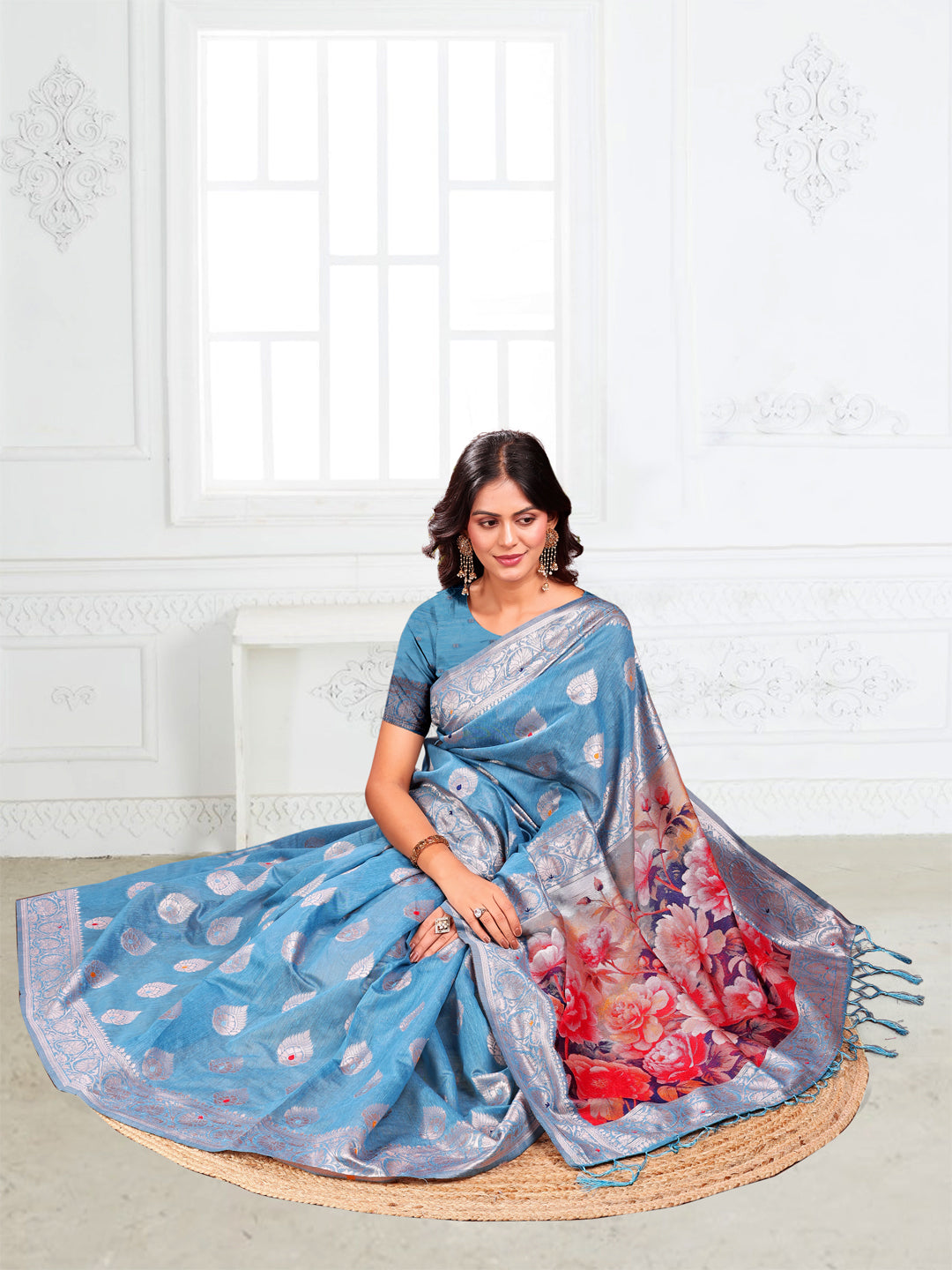 Astita Sky Blue Floral Linen Cotton Saree with Zari Border & Digital Printed Pallu β Elegant Sari for Festive Occasions
