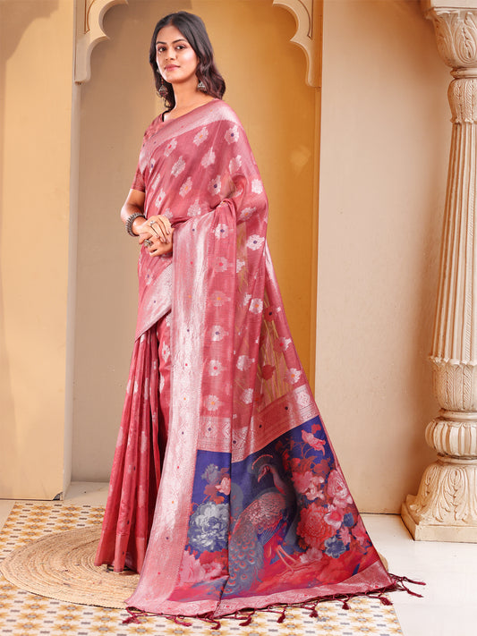 Astita Peach Floral Linen Cotton Saree with Zari Border & Digital Printed Pallu - Elegant Sari for Festive Occasions