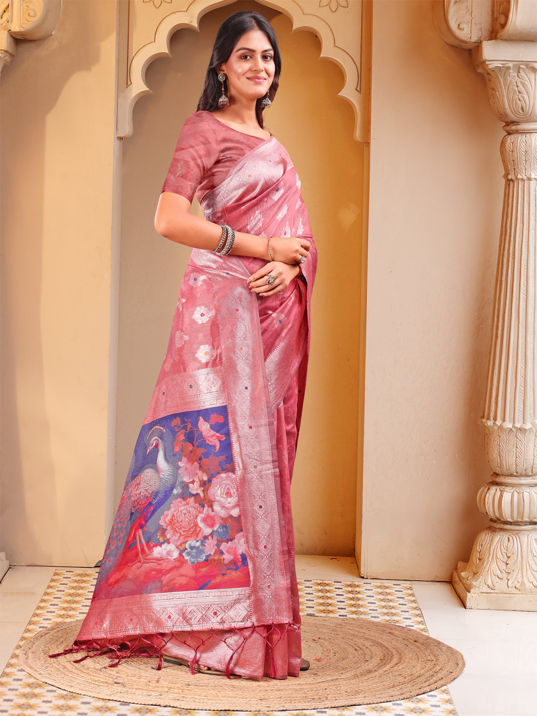 Astita Peach Floral Linen Cotton Saree with Zari Border & Digital Printed Pallu - Elegant Sari for Festive Occasions