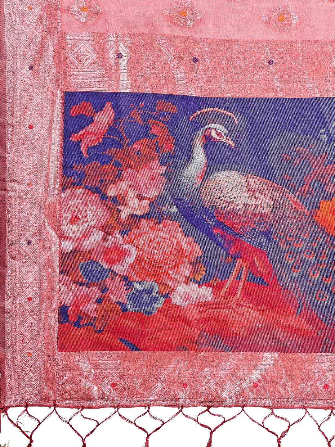Astita Peach Floral Linen Cotton Saree with Zari Border & Digital Printed Pallu - Elegant Sari for Festive Occasions