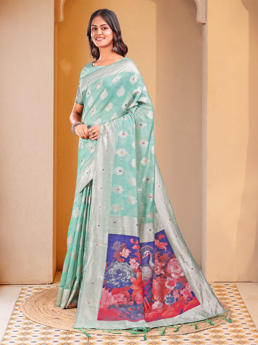 Astita Rose Sea Green Floral Linen Cotton Saree with Zari Border & Digital Printed Pallu - Elegant Sari for Festive Occasions