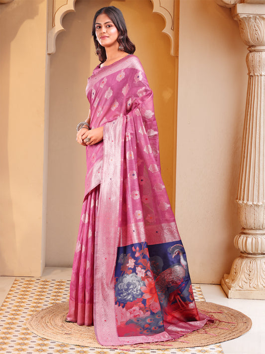Astita Pink Floral Linen Cotton Saree with Zari Border & Digital Printed Pallu - Elegant Sari for Festive Occasions