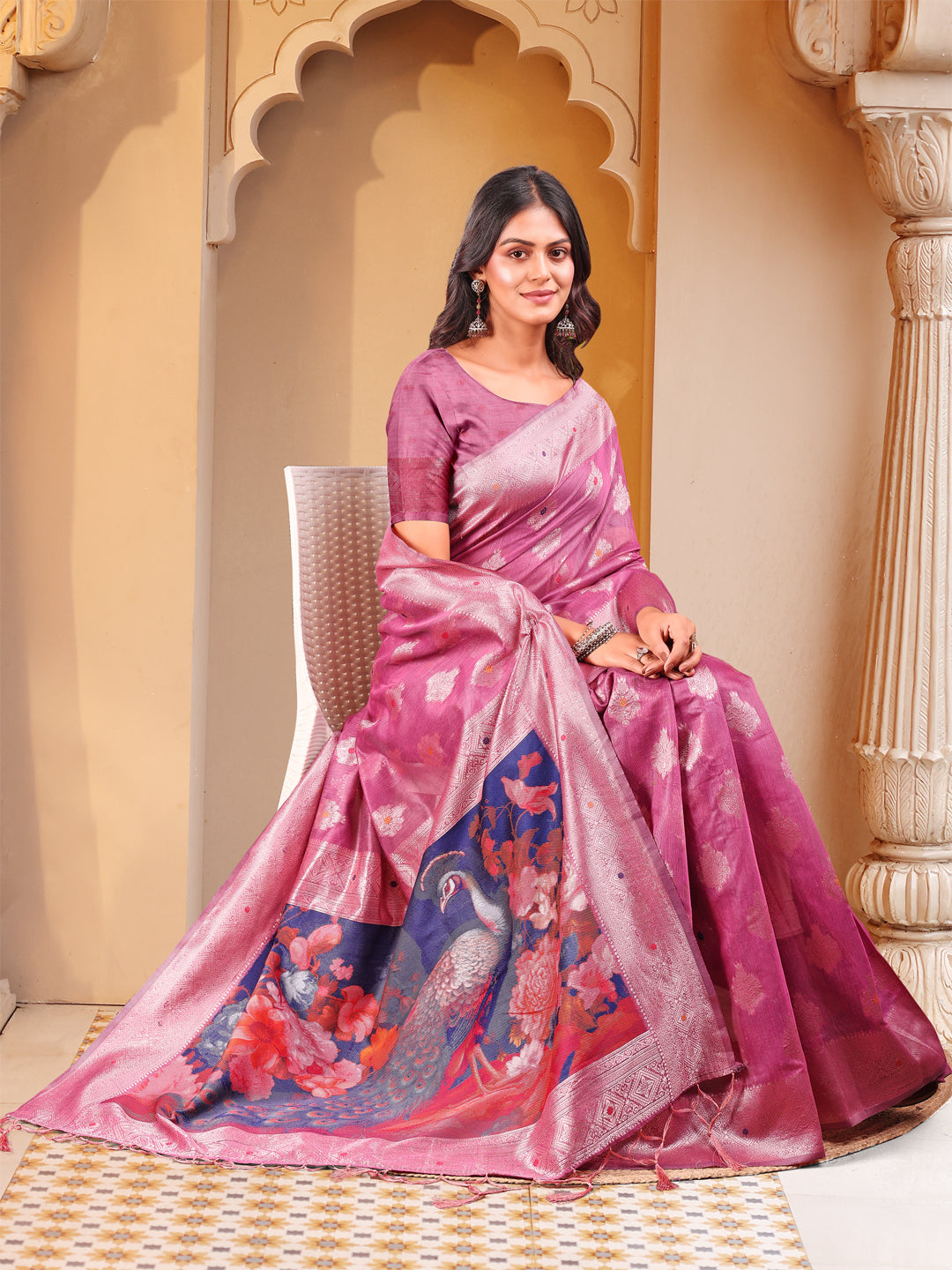 Astita Pink Floral Linen Cotton Saree with Zari Border & Digital Printed Pallu - Elegant Sari for Festive Occasions