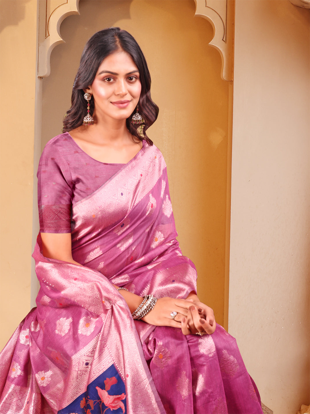 Astita Pink Floral Linen Cotton Saree with Zari Border & Digital Printed Pallu - Elegant Sari for Festive Occasions
