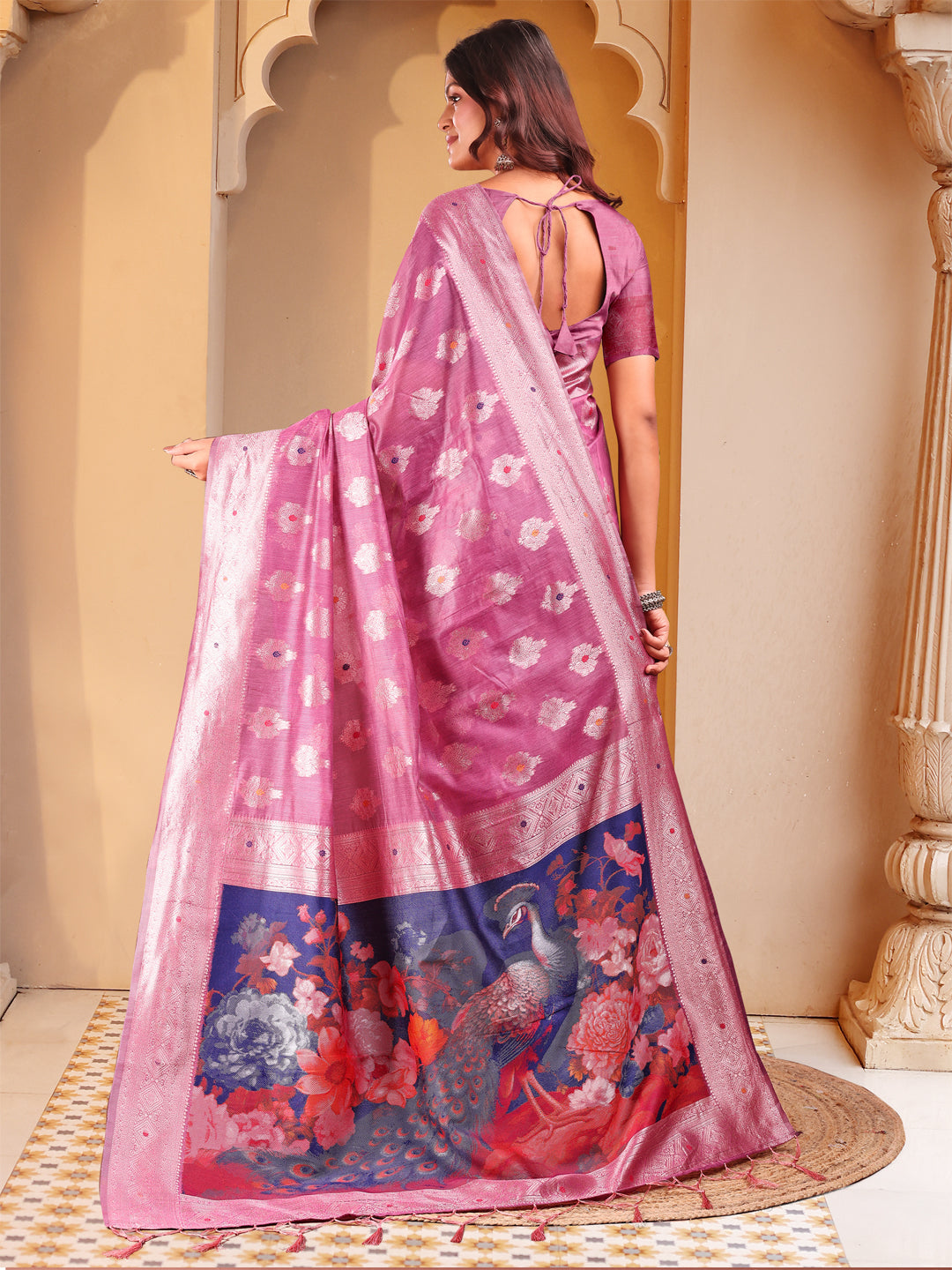 Astita Pink Floral Linen Cotton Saree with Zari Border & Digital Printed Pallu - Elegant Sari for Festive Occasions
