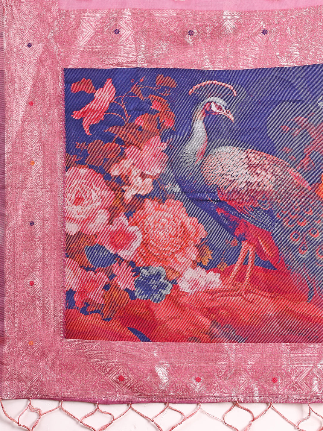 Astita Pink Floral Linen Cotton Saree with Zari Border & Digital Printed Pallu - Elegant Sari for Festive Occasions