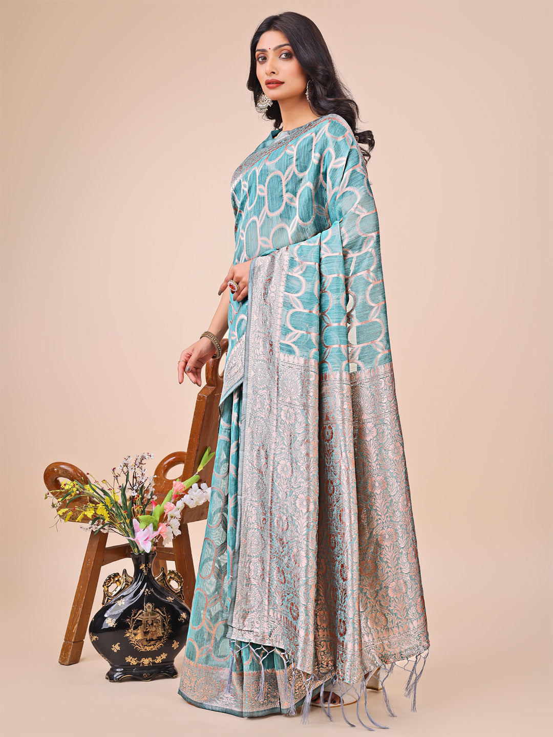 Elegant Sea Green Linen Cotton Saree with Silver Zari Border & Geometric Weave