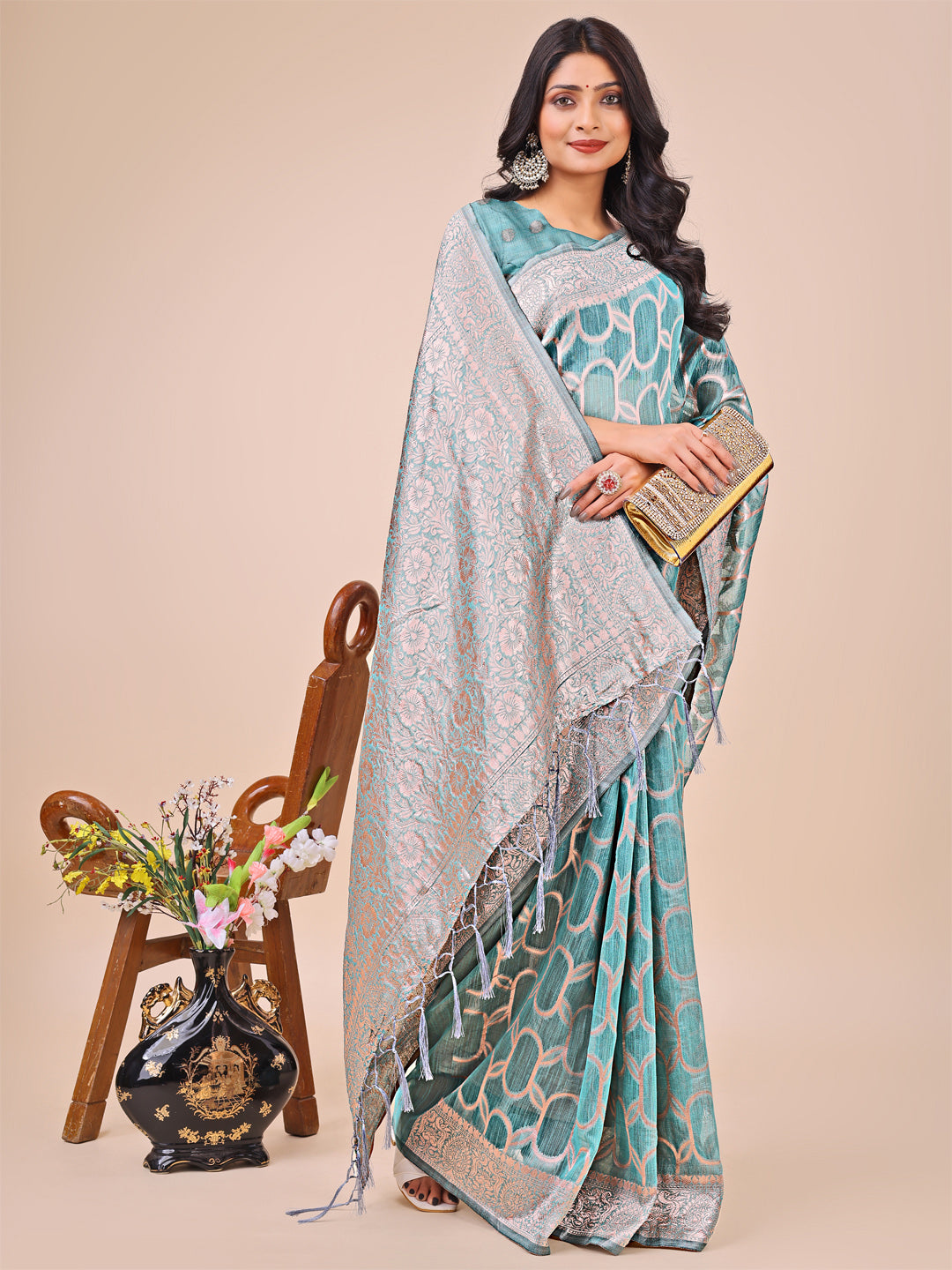 Elegant Sea Green Linen Cotton Saree with Silver Zari Border & Geometric Weave