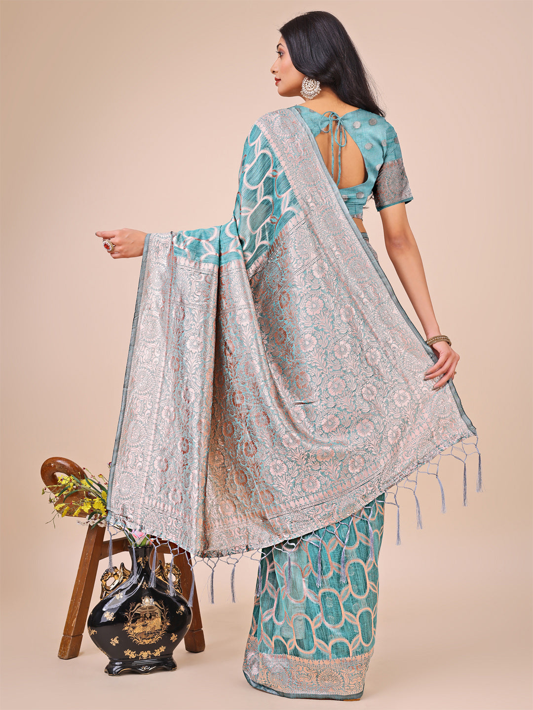 Elegant Sea Green Linen Cotton Saree with Silver Zari Border & Geometric Weave