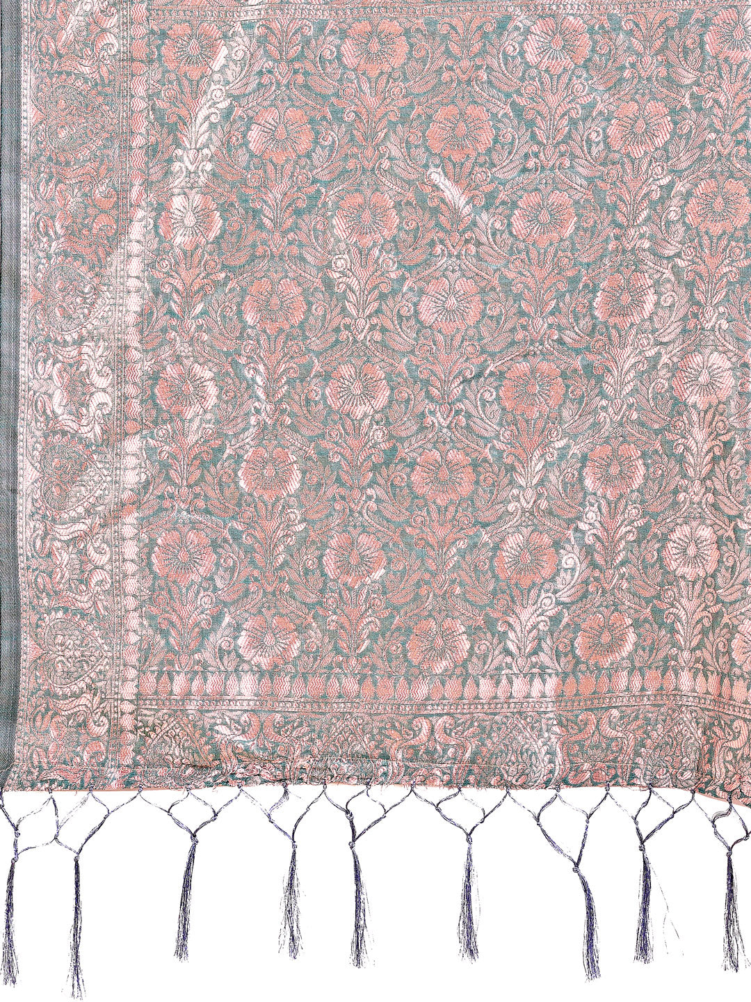 Elegant Sea Green Linen Cotton Saree with Silver Zari Border & Geometric Weave