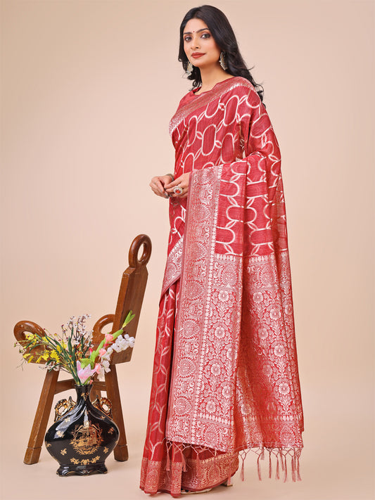 Elegant Red Linen Cotton Saree with Silver Zari Border & Geometric Weave