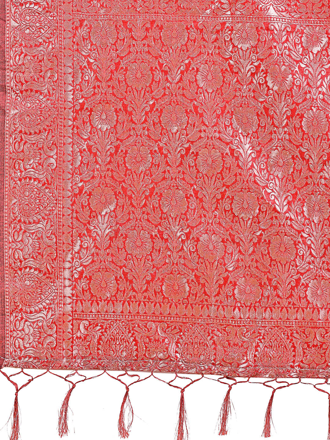Elegant Red Linen Cotton Saree with Silver Zari Border & Geometric Weave