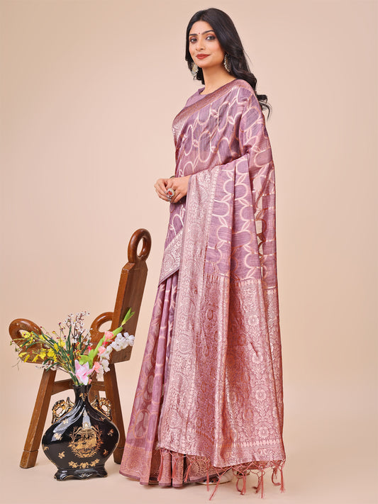 Elegant Purple Linen Cotton Saree with Silver Zari Border & Geometric Weave – Daily, Office & Festive Wear