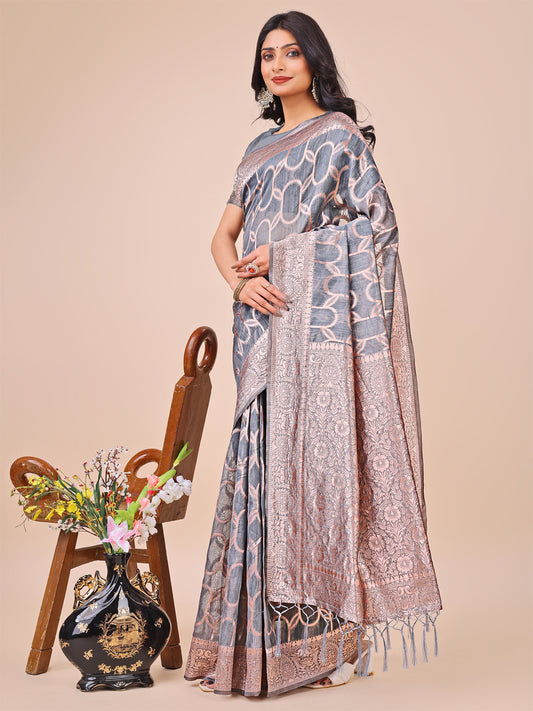 Elegant Grey Linen Cotton Saree with Silver Zari Border & Geometric Weave – Daily, Office & Festive Wear