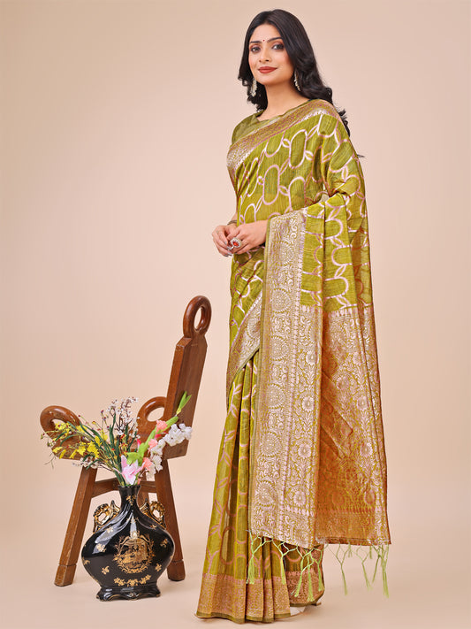 Elegant Olive Green Linen Cotton Saree with Silver Zari Border & Geometric Weave – Daily, Office & Festive Wear