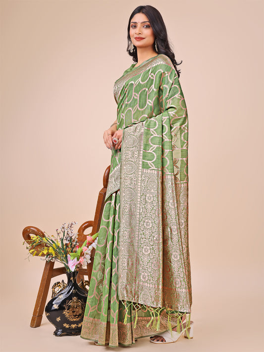 Elegant Green Linen Cotton Saree with Silver Zari Border & Geometric Weave – Daily, Office & Festive Wear