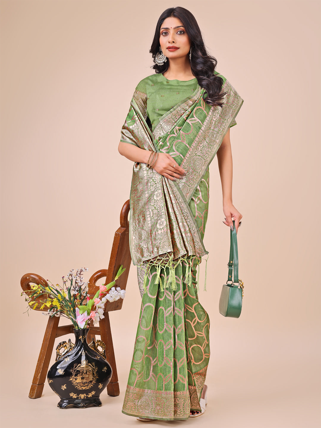 Elegant Green Linen Cotton Saree with Silver Zari Border & Geometric Weave – Daily, Office & Festive Wear