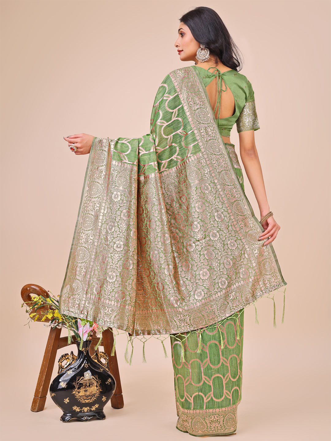 Elegant Green Linen Cotton Saree with Silver Zari Border & Geometric Weave – Daily, Office & Festive Wear