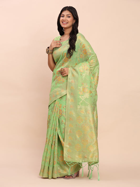 Astita Elegant Off Green Linen Cotton Saree with Floral Weave & Soft Gold Pallu – Graceful Choice for Casual, Office & Festive Looks