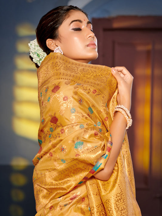 Astita Graceful Yellow Banarasi Silk Saree with Golden Zari Woven Border & Floral Jaal – Wedding & Festive Wear