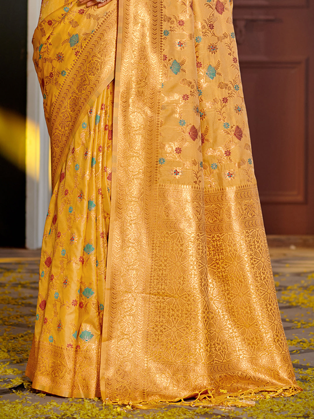Yellow Banarasi Silk Saree with Zari Border & Floral Jaal