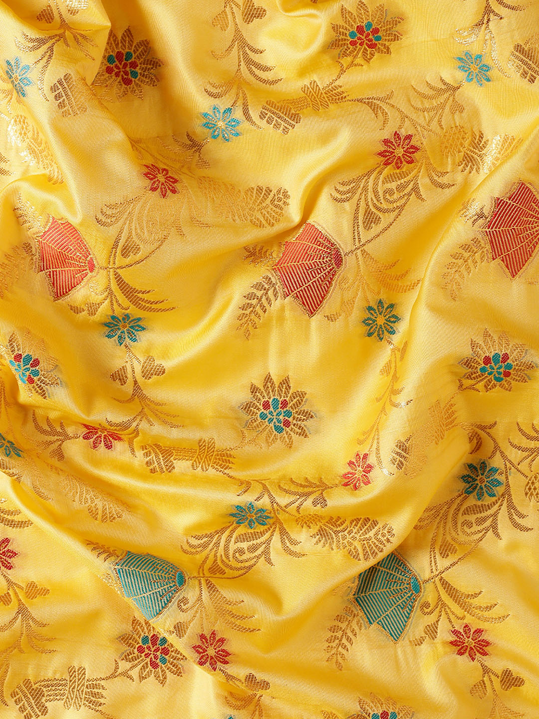 Yellow Banarasi Silk Saree with Zari Border & Floral Jaal