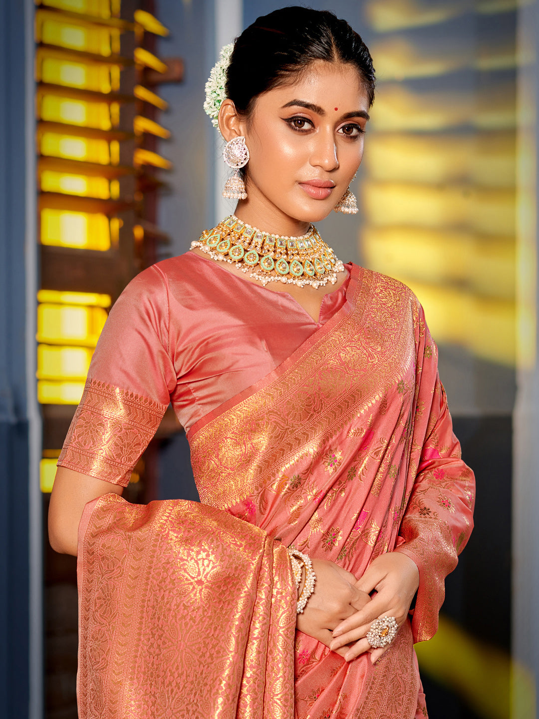 Astita Graceful Peach Banarasi Silk Saree with Golden Zari Woven Border & Floral Jaal β Wedding & Festive Wear