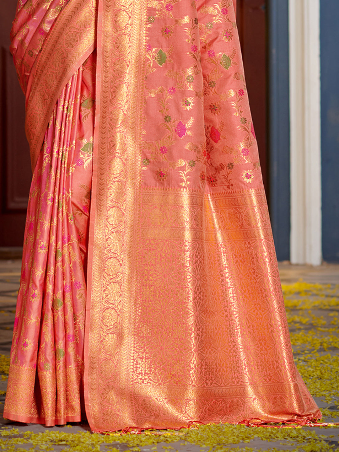 Astita Graceful Peach Banarasi Silk Saree with Golden Zari Woven Border & Floral Jaal β Wedding & Festive Wear