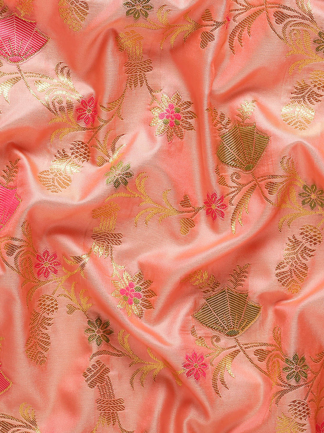 Astita Graceful Peach Banarasi Silk Saree with Golden Zari Woven Border & Floral Jaal β Wedding & Festive Wear