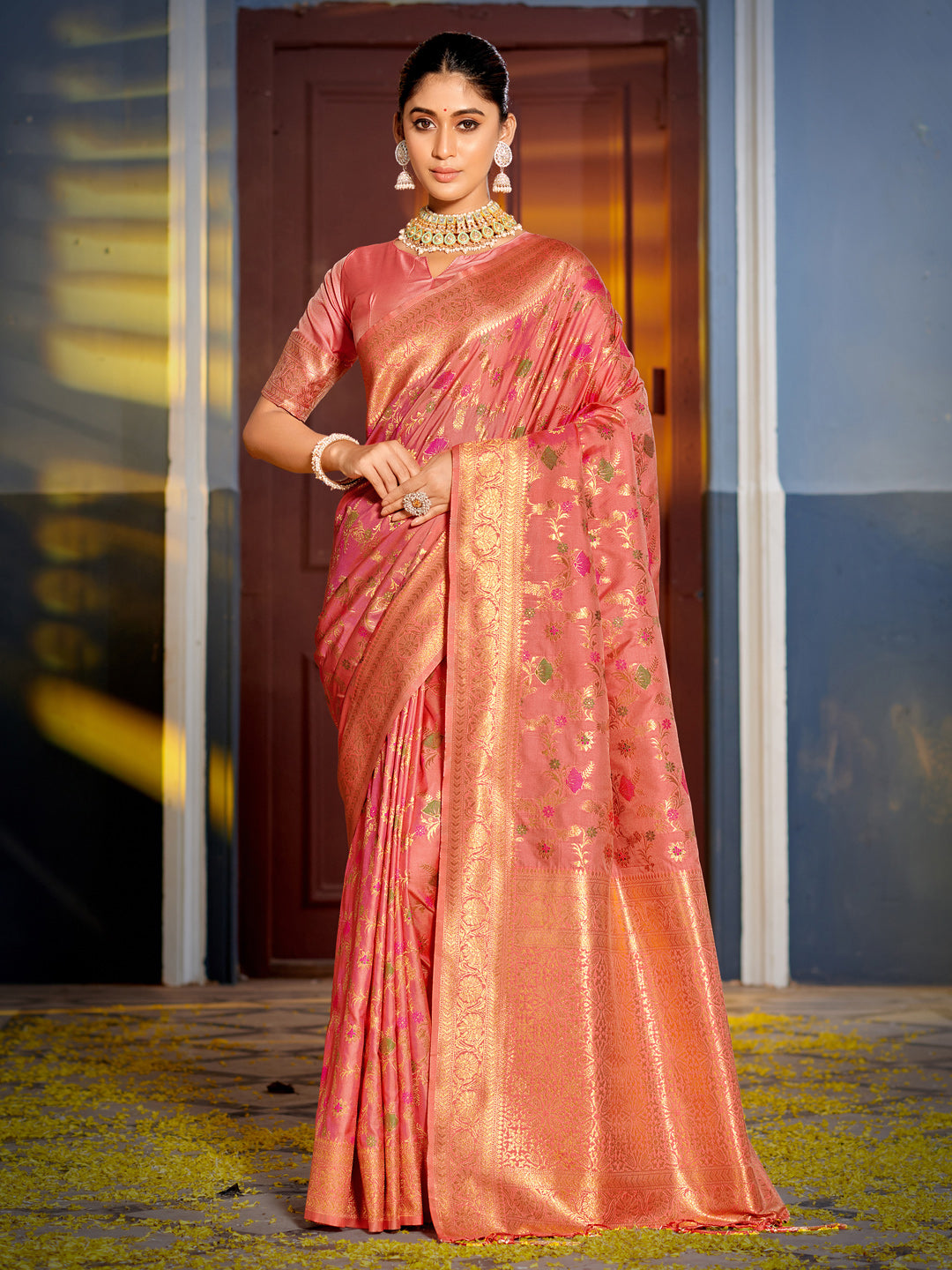 Astita Graceful Peach Banarasi Silk Saree with Golden Zari Woven Border & Floral Jaal β Wedding & Festive Wear
