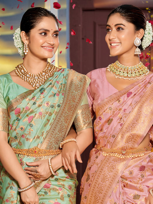 Astita Graceful Sea Green Banarasi Silk Saree with Golden Zari Woven Border & Floral Jaal – Wedding & Festive Wear