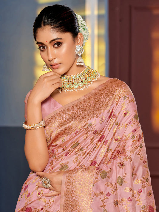 Astita Graceful Pink Banarasi Silk Saree with Golden Zari Woven Border & Floral Jaal – Wedding & Festive Wear