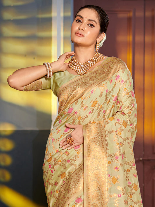Astita Graceful Light Green Banarasi Silk Saree with Golden Zari Woven Border & Floral Jaal – Wedding & Festive Wear