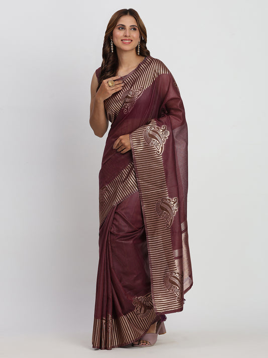 Astita Premium Purple Linen Cotton Saree with Rich Golden Zari Motifs - Elegant Office & Festive Wear for Modern Women