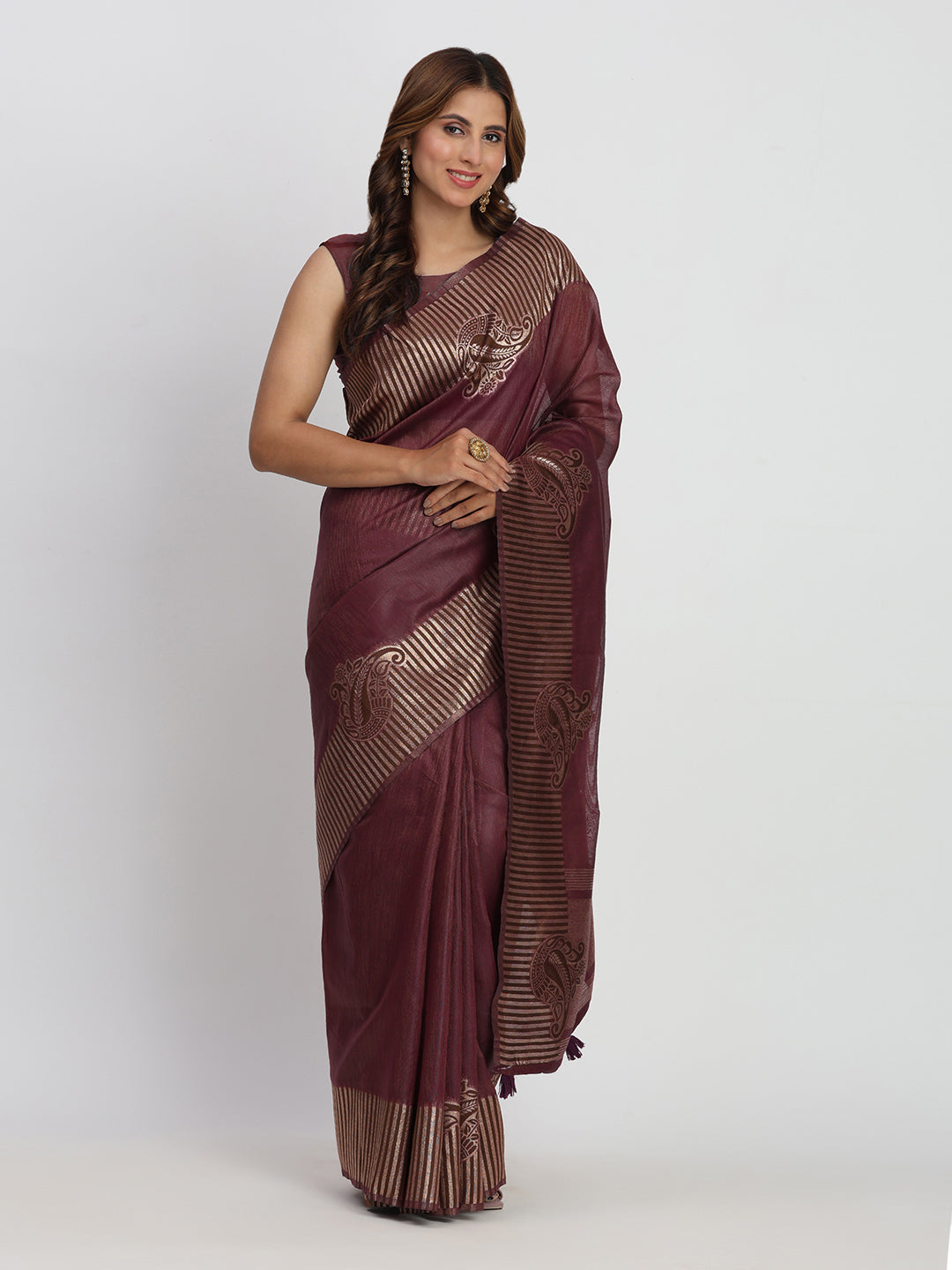 Astita Premium Purple Linen Cotton Saree with Rich Golden Zari Motifs - Elegant Office & Festive Wear for Modern Women