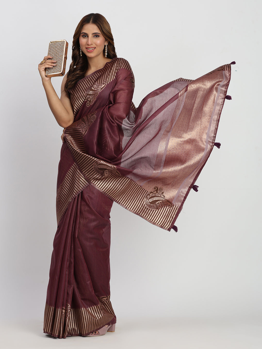 Astita Premium Purple Linen Cotton Saree with Rich Golden Zari Motifs - Elegant Office & Festive Wear for Modern Women